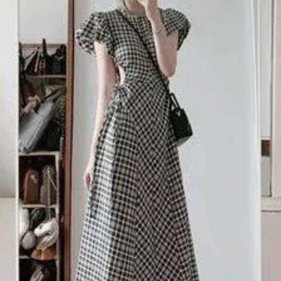 Oni Studio Puffy Sleeve Plaid Midi A line Dress.  Sz M - Picture 8 of 8